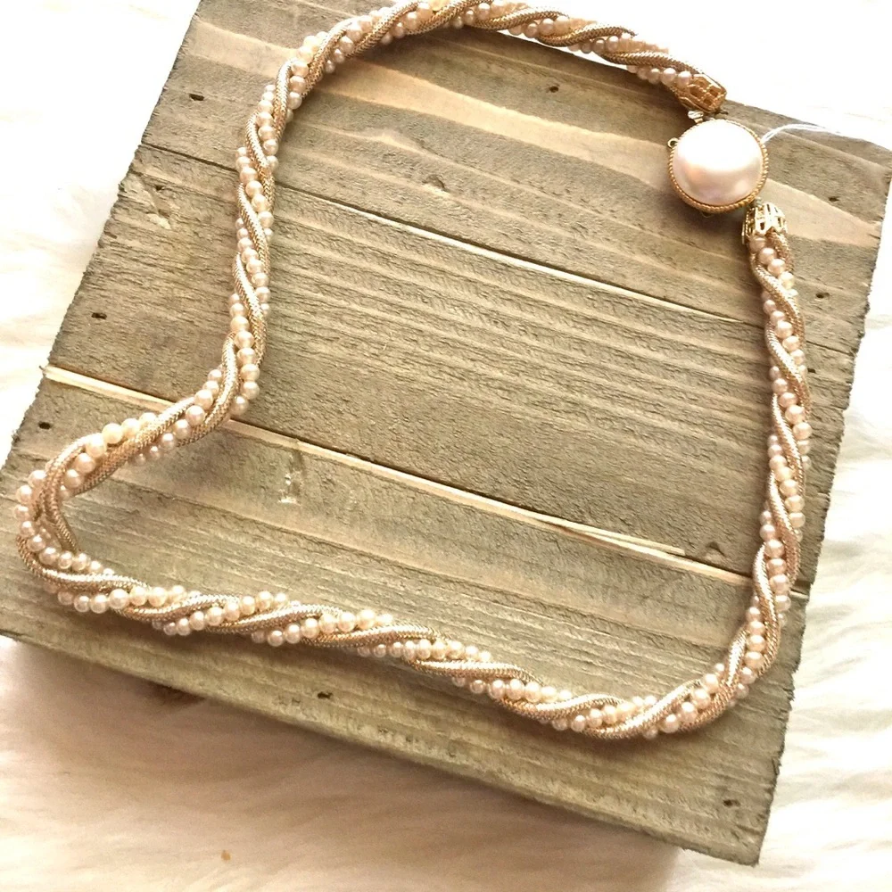 Gold Tone and Faux Seed Pearl Twist Necklace